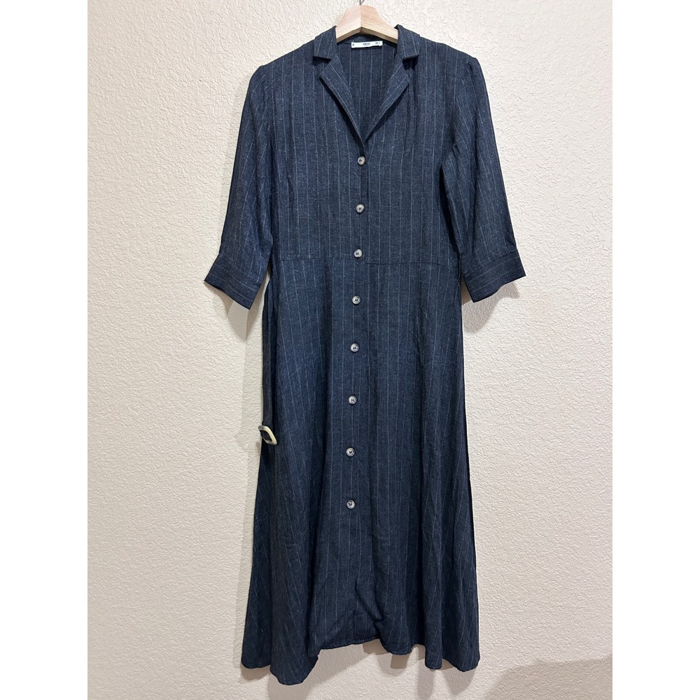 Mango Size 4 Pinstripe Shirt Dress Gray Midi Button Up Belted Office Workwear